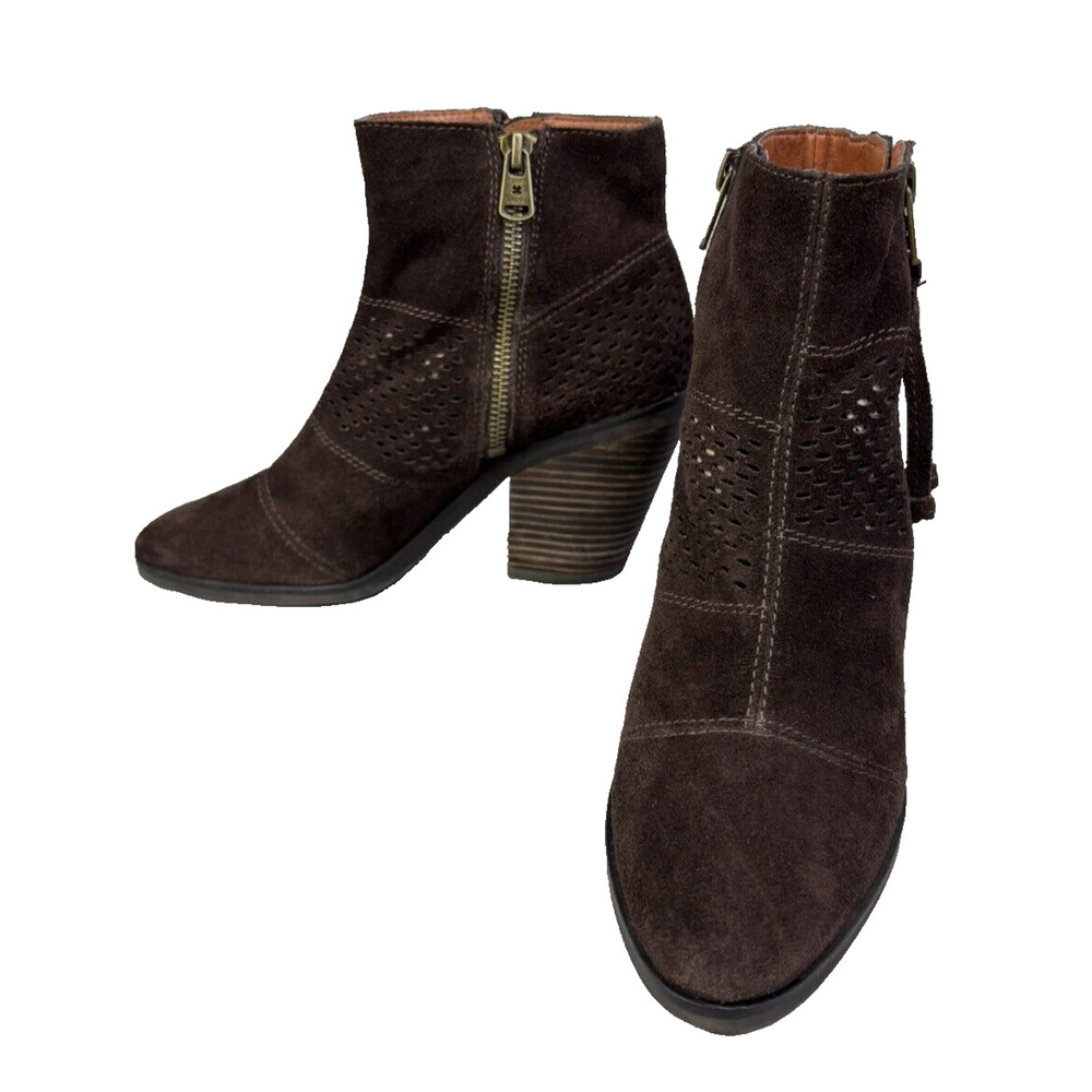 Lucky Brand Western Ankle Bootie 7M Dark Brown Suede Chunky Block Heel Boho